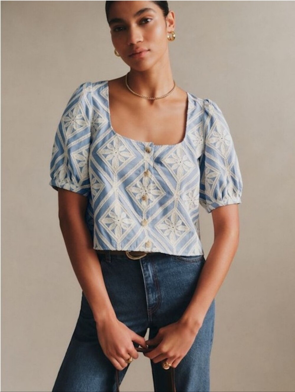 Sezane Laurie Embroidered Coastal Cotton Puff Sleeve Blue Blouse Size 36 / 6
